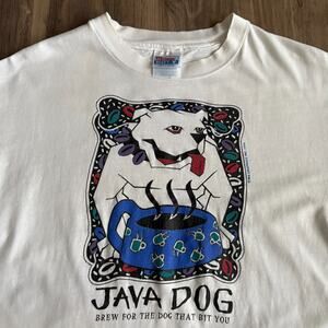 Vintage Coffee T-Shirt Men's Size L Java Dog 1990s White Worn